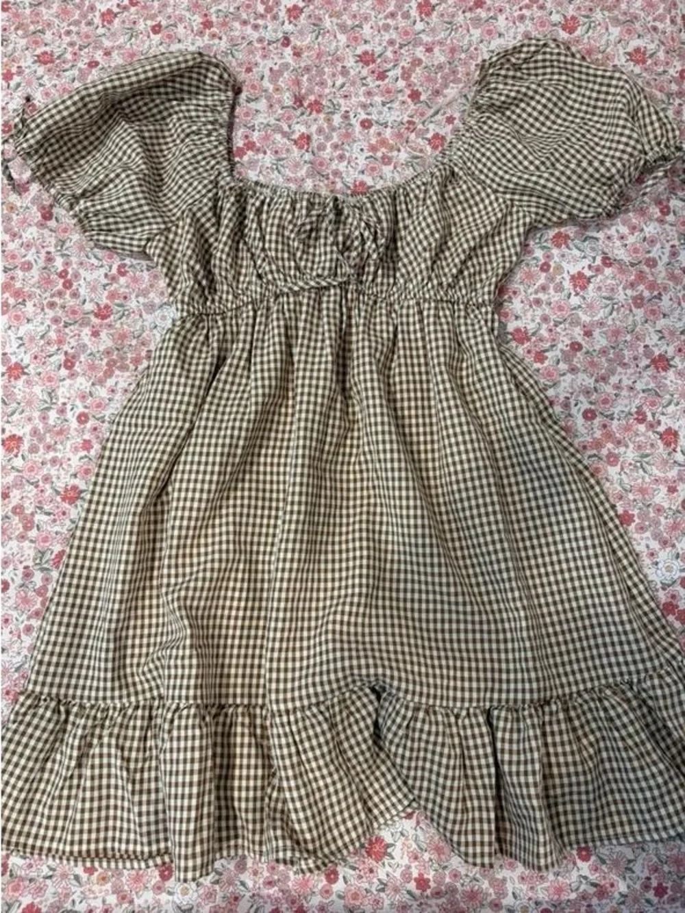 Brown and White Gingham Maxi Dress with Puff Sleeves